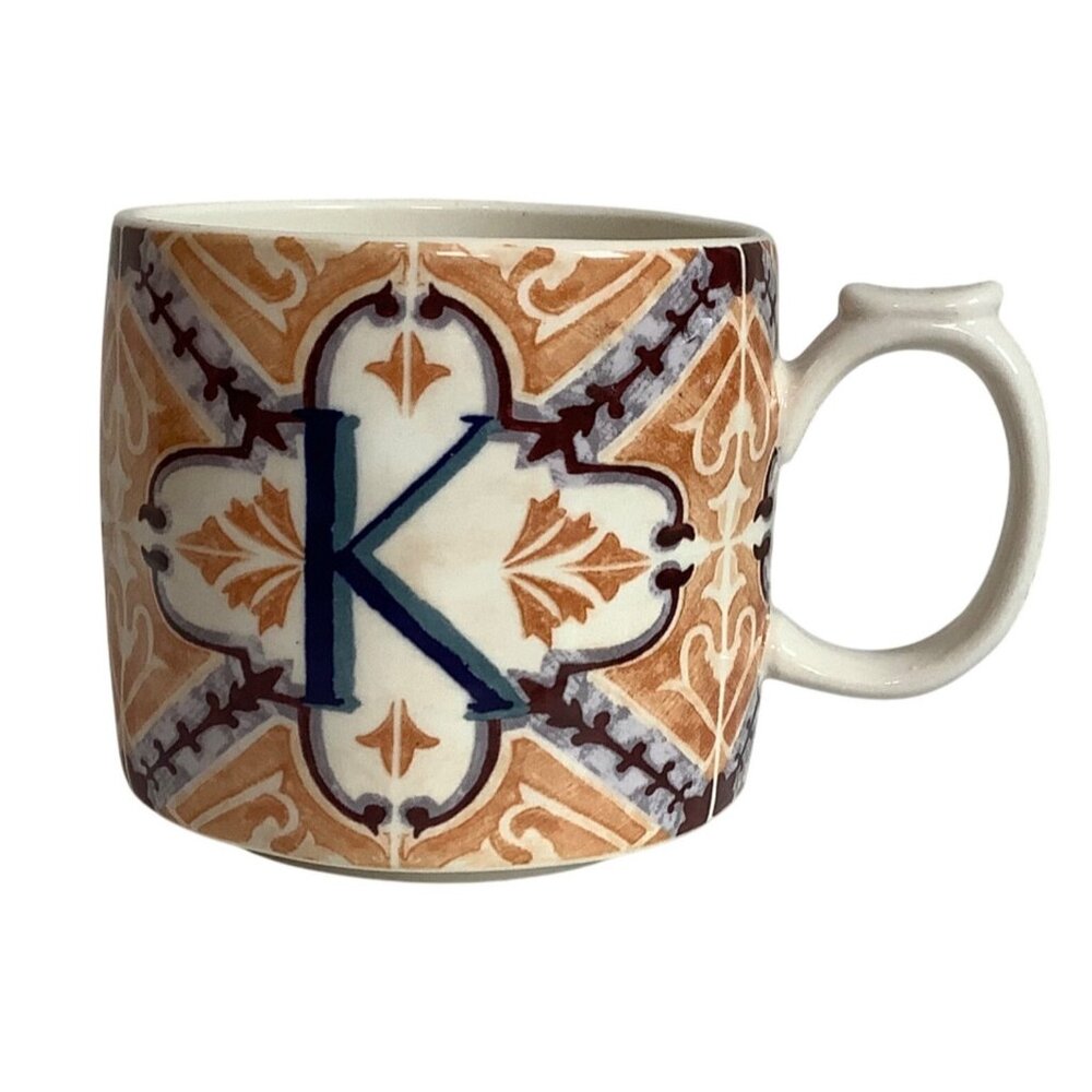 Anthropologie Monogram K Mug Moroccan-Inspired Tile Pattern Ceramic‎ 3.75"